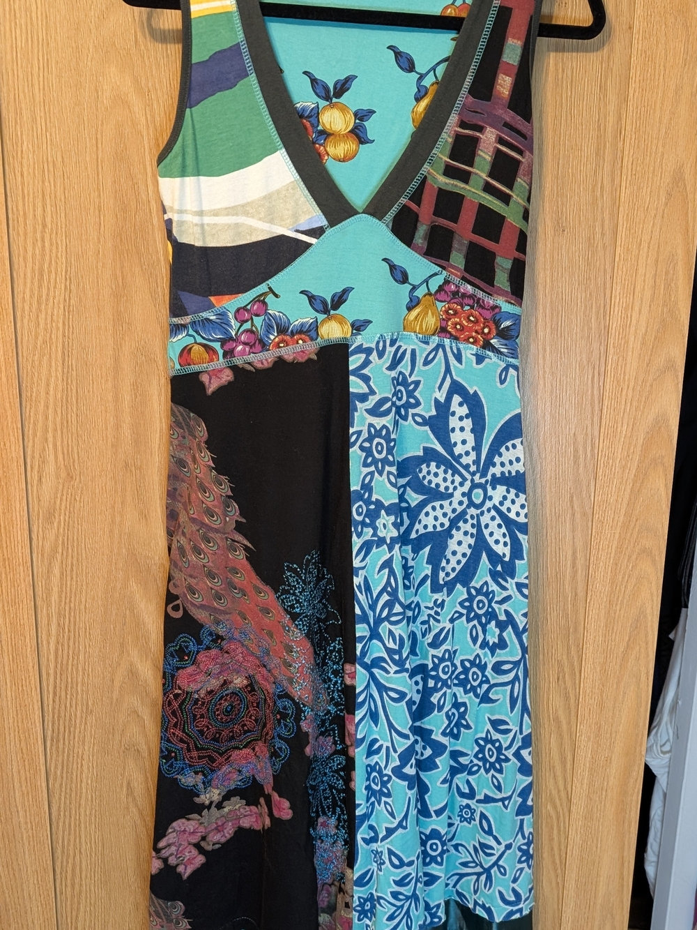 Desigual Turquoise & Black Patchwork Maxi Dress with Floral and Peacock Motifs
